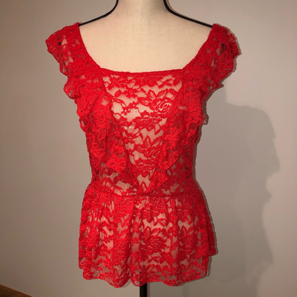 Candie’s Poppy Red Lace Ruffled Peplum Top